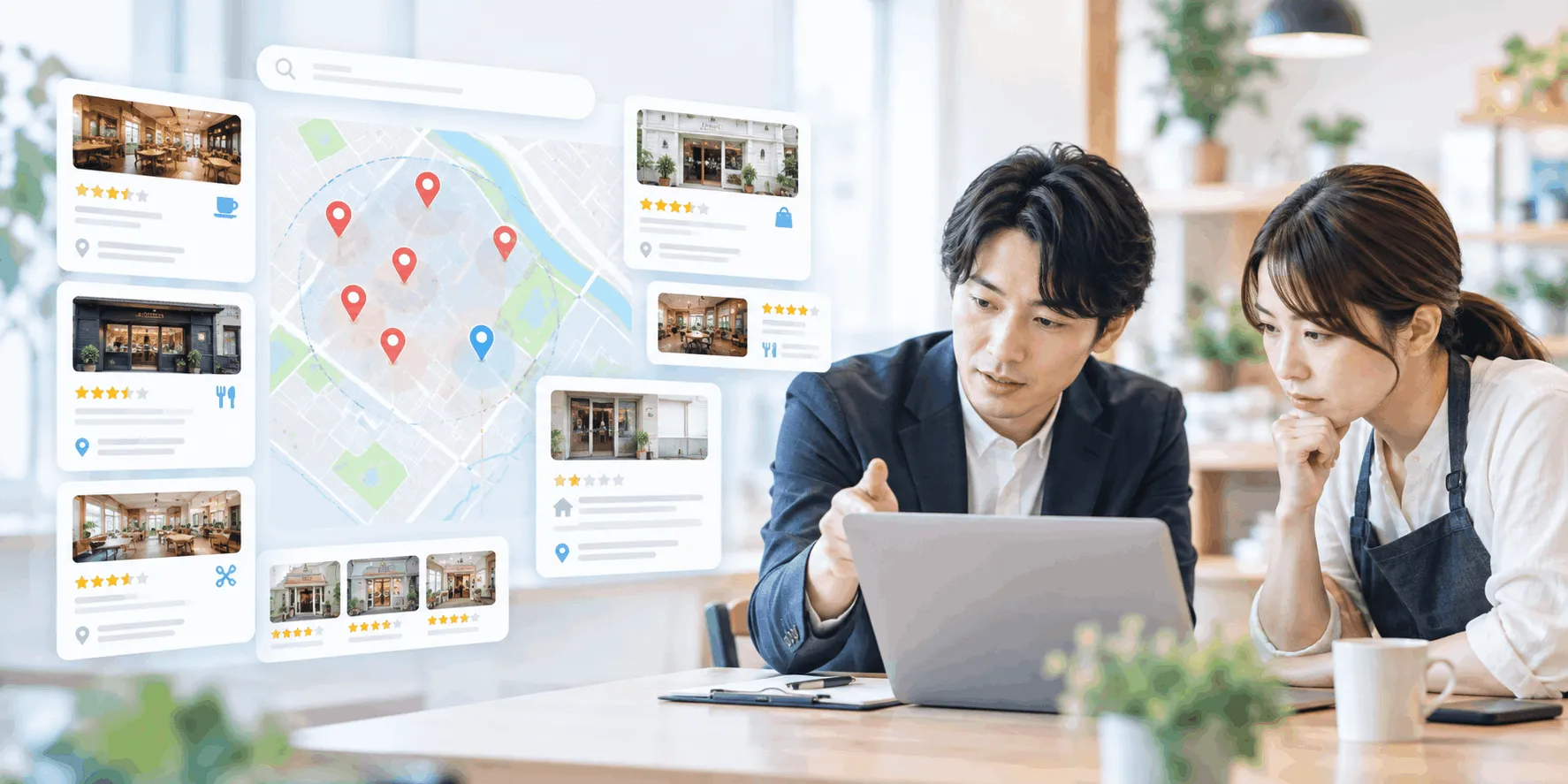 Googleマップで競合より上に表示されないについて相談する店舗担当者のイメージ