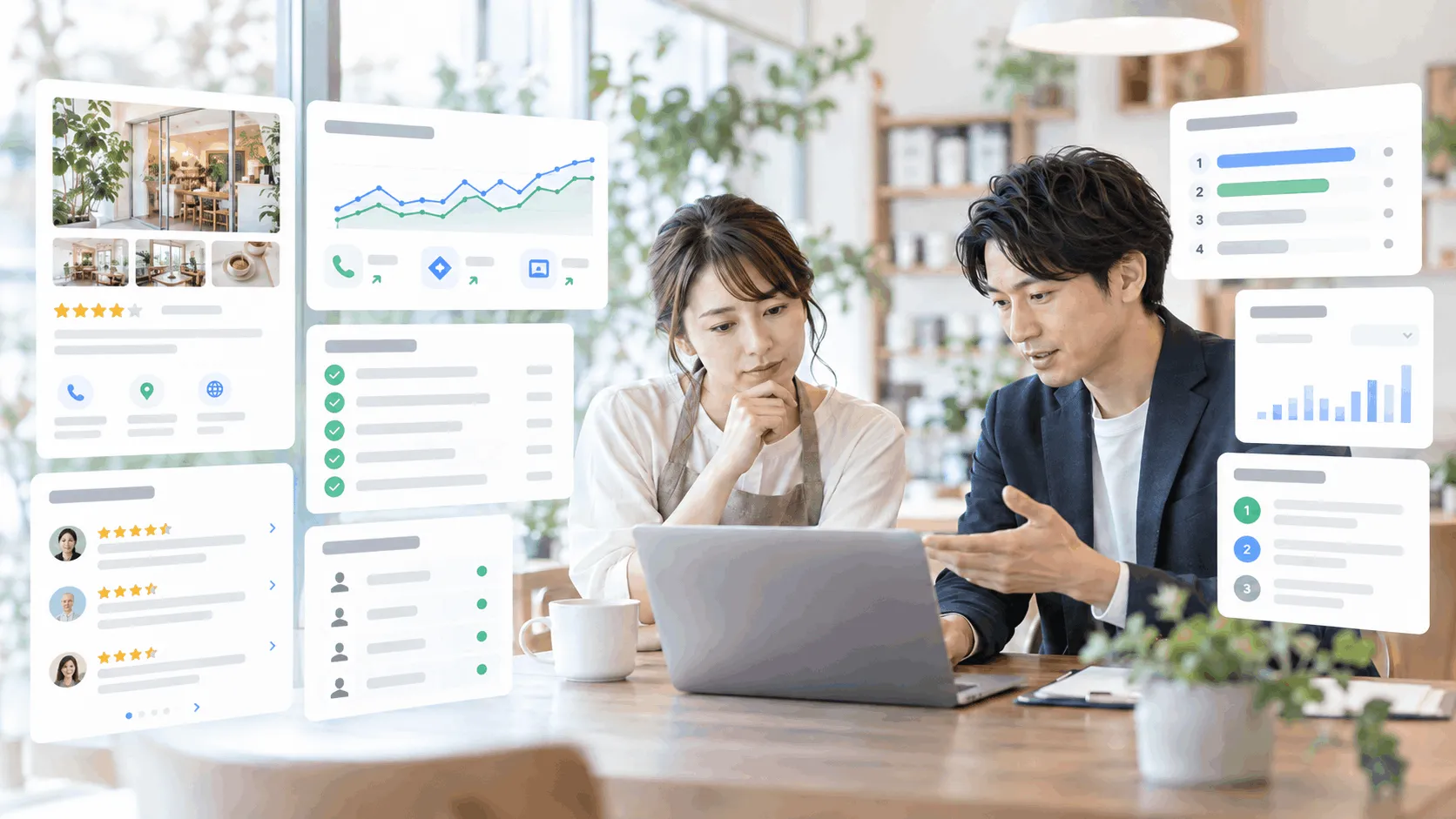 MEO対策をしているが効果が分からないについて相談する店舗担当者のイメージ