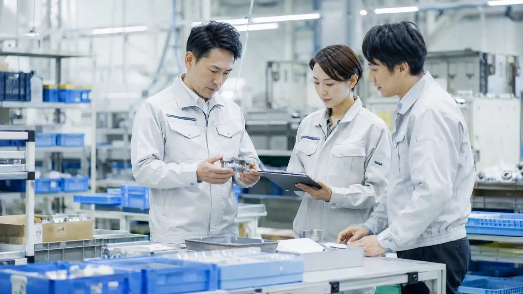 製造会社の担当者と顧客が技術や設備、品質情報を確認するイメージ