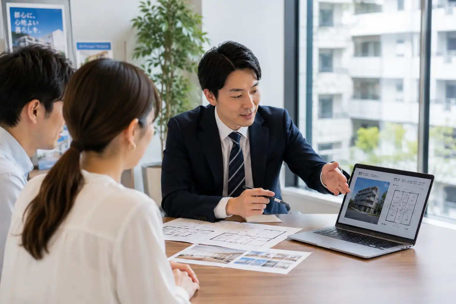 不動産会社と顧客が物件種別や対応地域を確認するイメージ