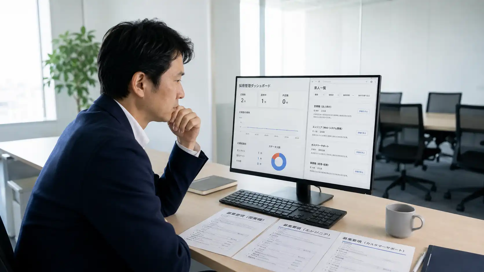求職者が仕事内容や働く人、環境、選考を確認できる採用ページを設計するイラスト