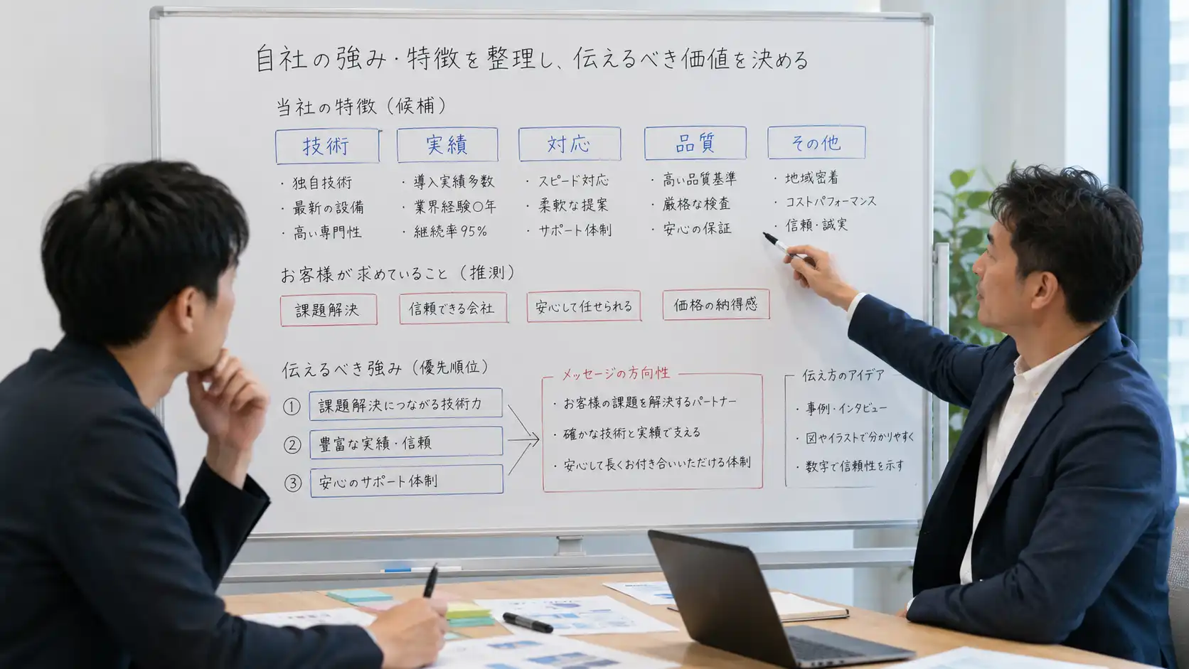 抽象的な会社紹介を顧客が判断できる具体的な情報へ整理するイラスト